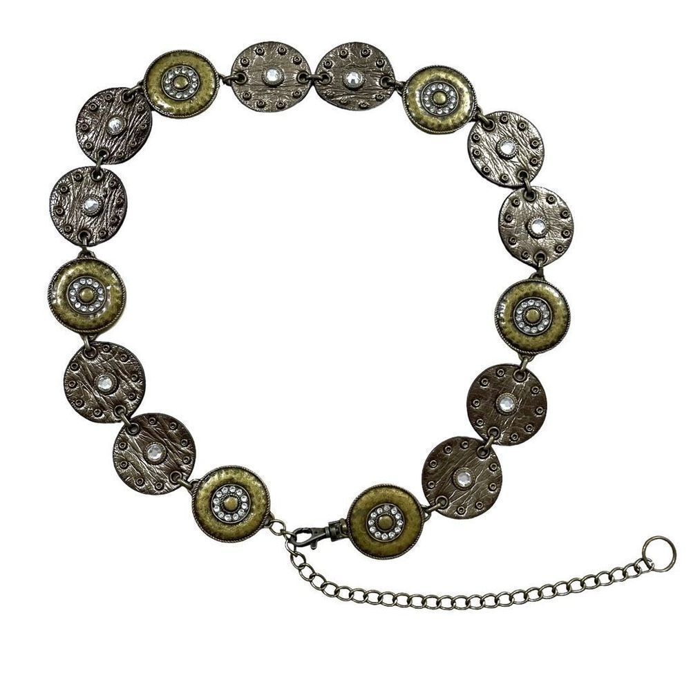Leather metal round medallion concho belt studded tooled rhinestones‎ brass tone